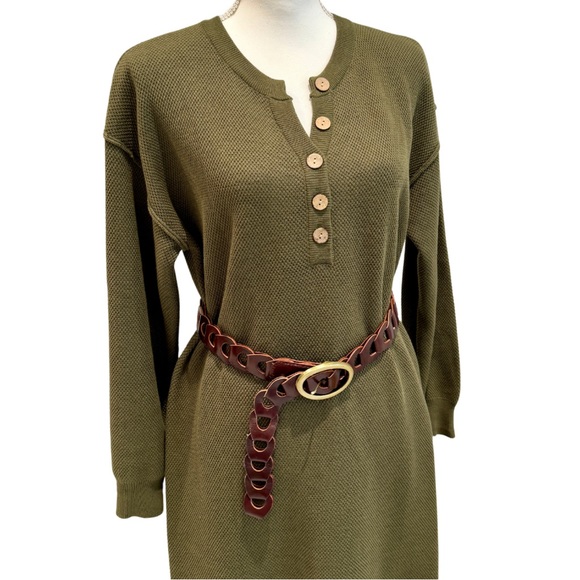 NWOT Long Knit Sweater Dress- Army Green | Button V-Neck + Long Sleeves (M) - Picture 8 of 16